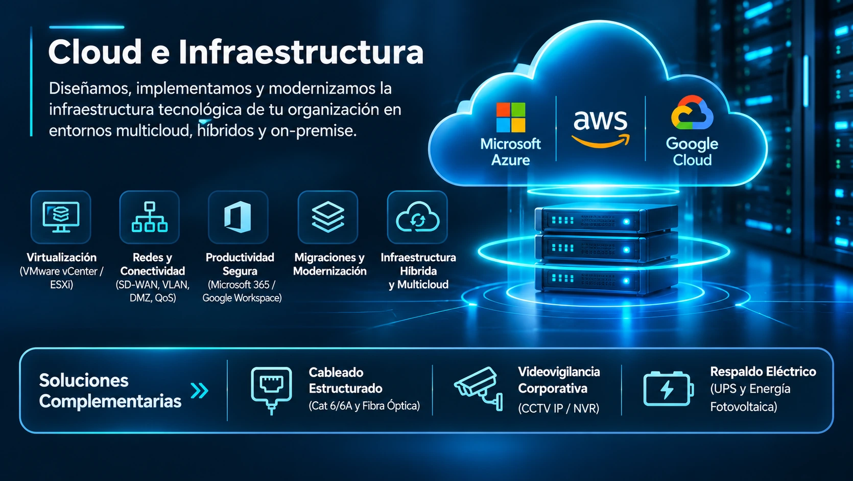 Ilustración conceptual de servicios de Cloud e Infraestructura: entornos multicloud en Microsoft Azure, AWS y Google Cloud, virtualización VMware, conectividad SD-WAN y soluciones complementarias físicas
