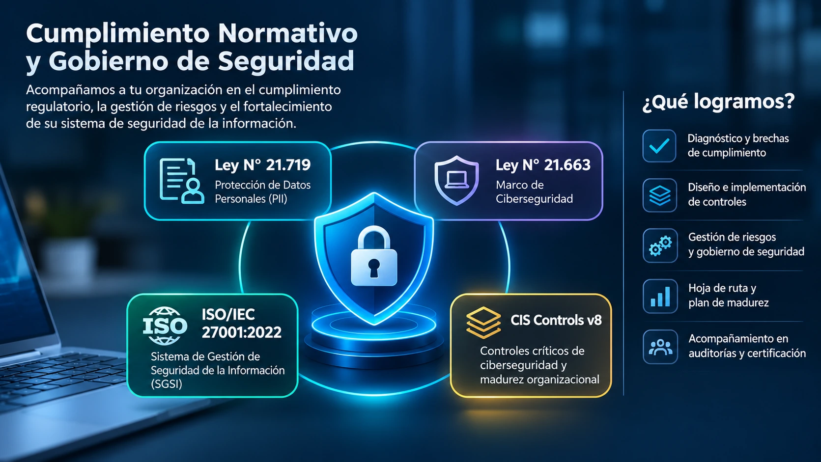 Esquema de consultoría en Cumplimiento Normativo y Gobierno de Seguridad: adecuación a Ley 21.719, Ley 21.663, ISO/IEC 27001:2022 y CIS Controls v8